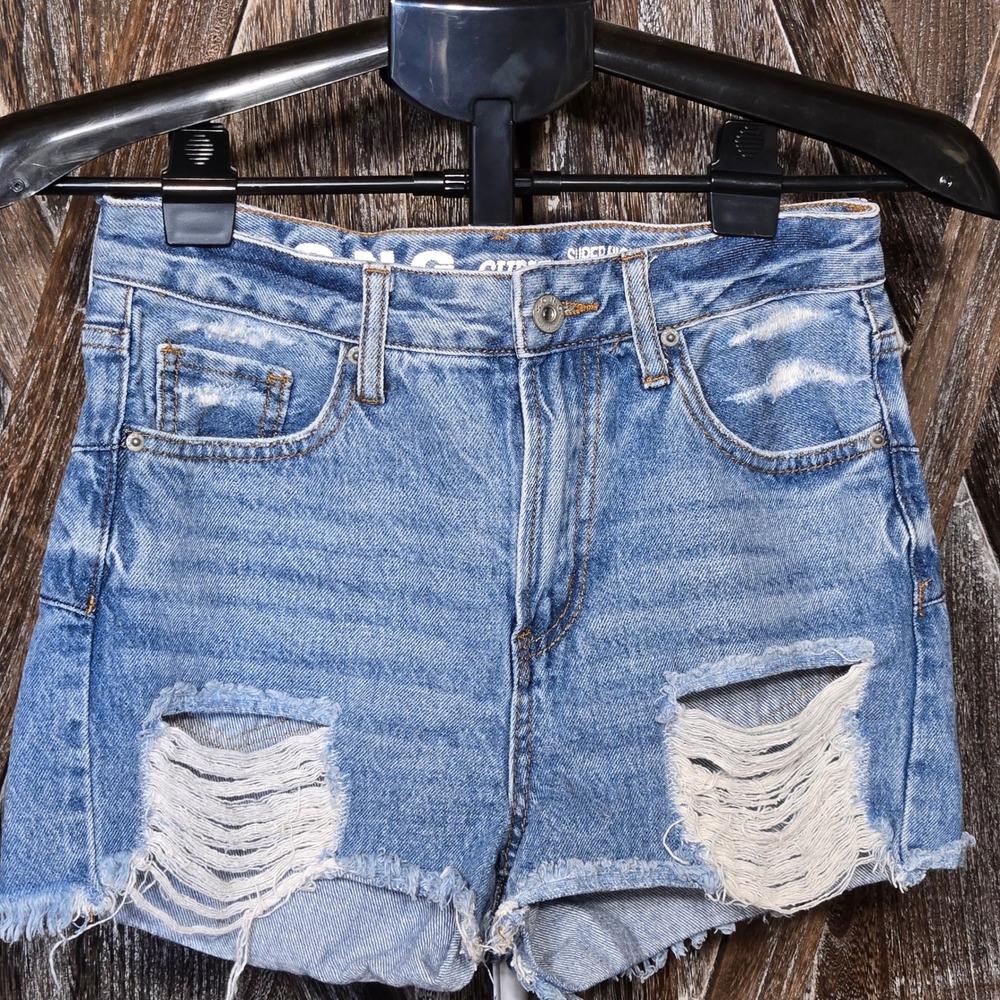 SONG Curvy Super High Rise Distressed Denim Shorts Blue Size 5 27 Cutoff Raw Hem